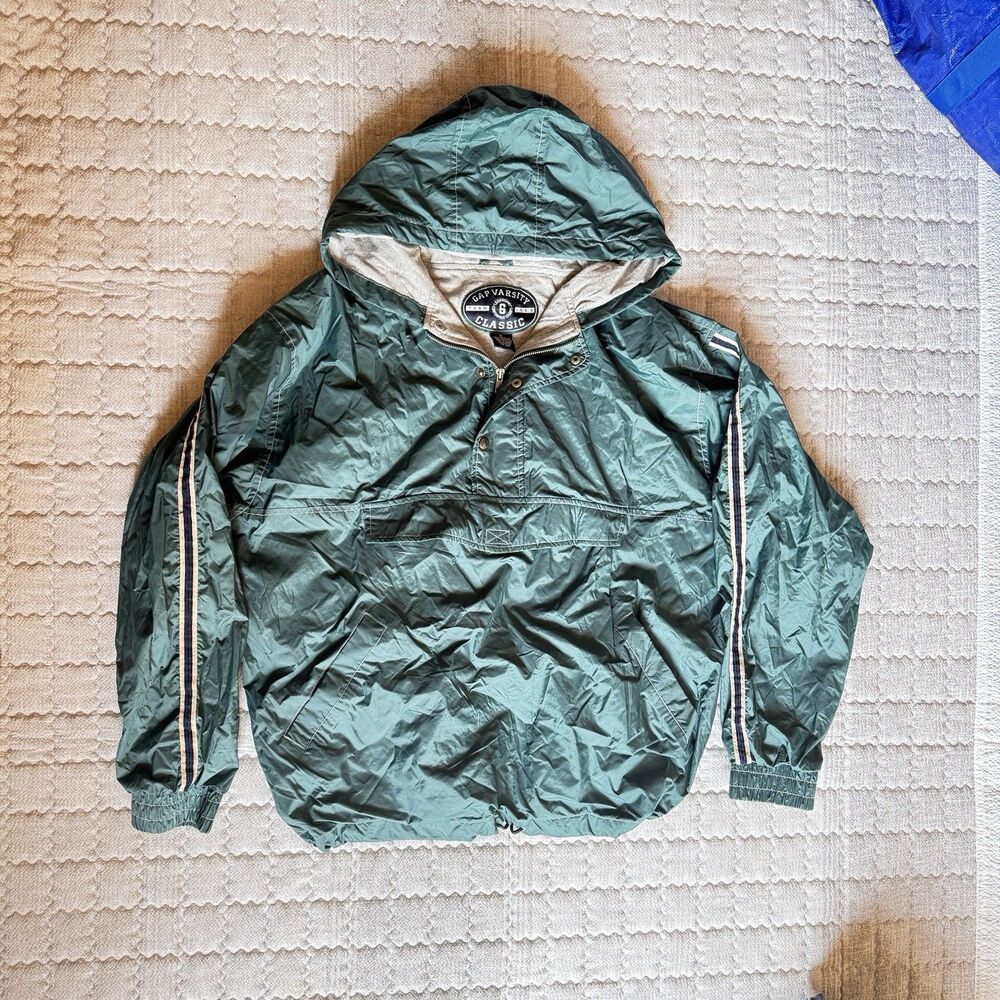Vintage 90s GAP Varsity Classic Green Hooded Anorak Jacket XL USA